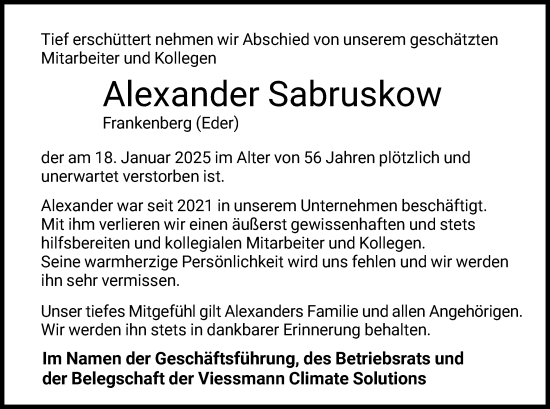 Todesanzeige von Alexander Sabruskow von HNA