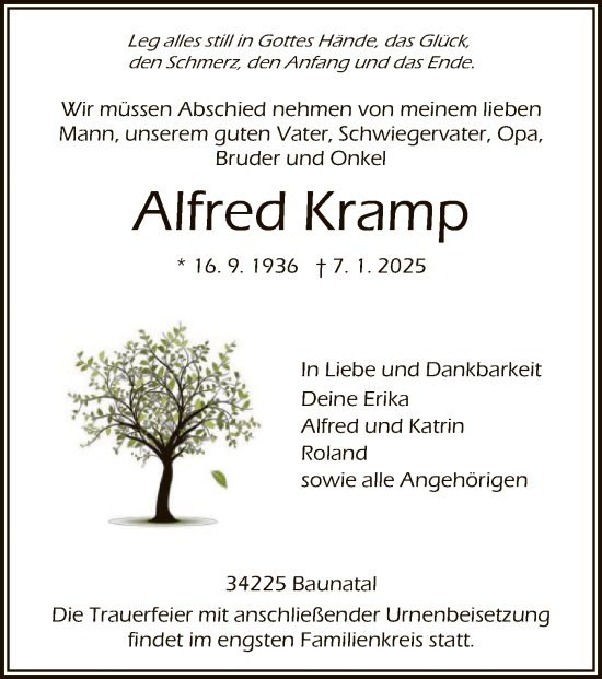 Todesanzeige von Alfred Kramp von HNA