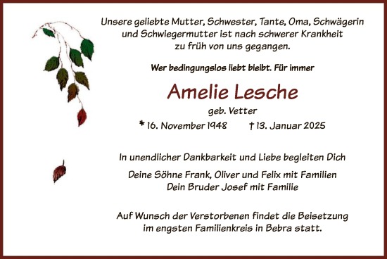 Todesanzeige von Amelie Lesche von HNA