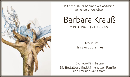Todesanzeige von Barbara Krauß von HNA