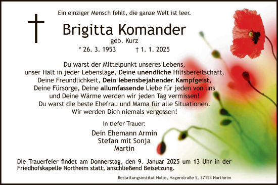 Todesanzeige von Brigitta Komander von HNA