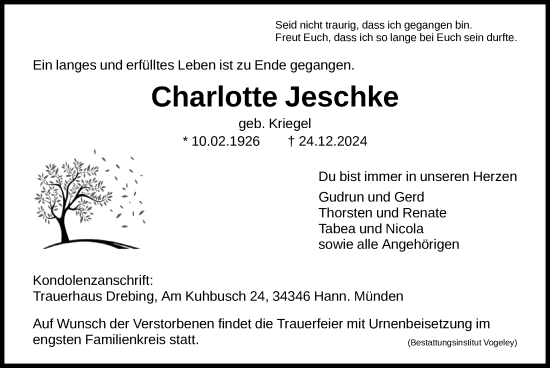 Todesanzeige von Charlotte Jeschke von HNA