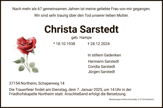Todesanzeige von Christa Sarstedt von HNA