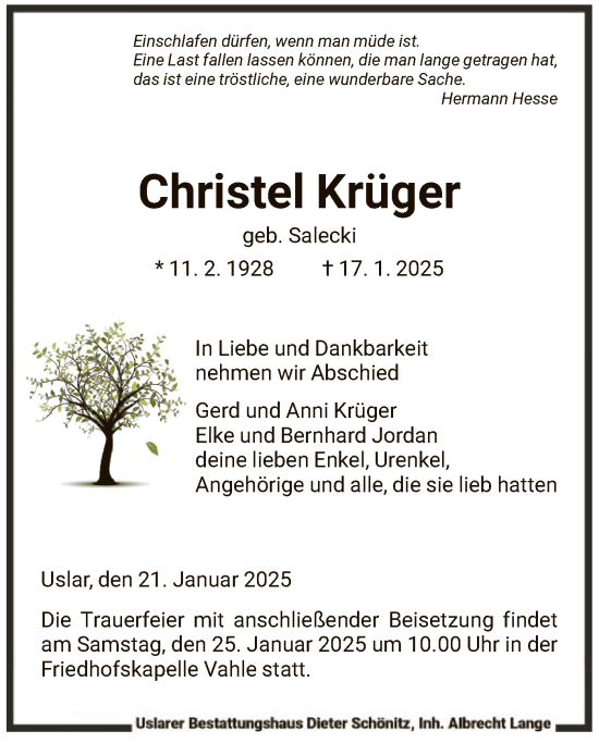 Todesanzeige von Christel Krüger von HNA