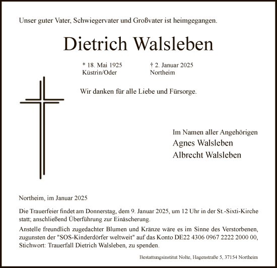 Todesanzeige von Dietrich Walsleben von HNA