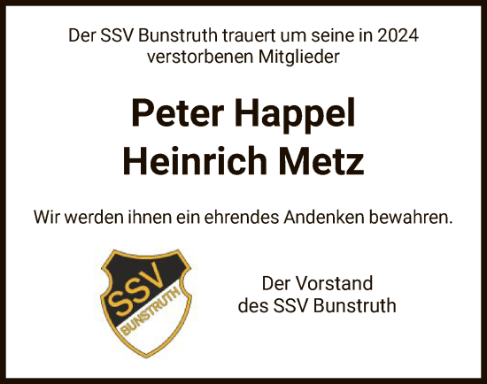 Todesanzeige von ehrendes Andenken Der SSV Bunstruth trauert um seine in 2024 von HNA