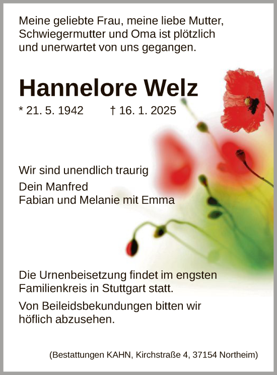 Todesanzeige von Hannelore Welz von HNA