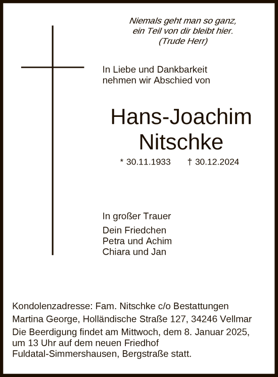 Todesanzeige von Hans-Joachim Nitschke von HNA