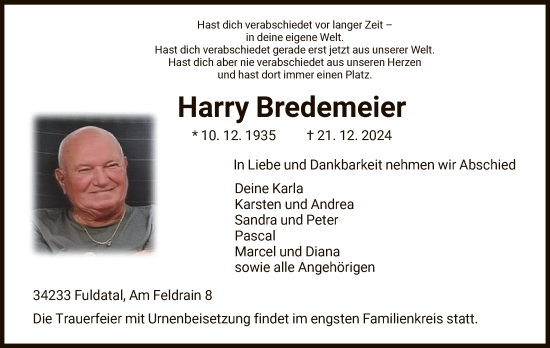 Todesanzeige von Harry Bredemeier von HNA