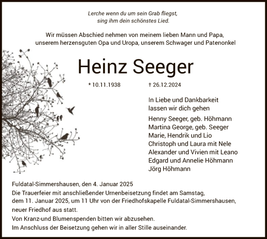 Todesanzeige von Heinz Seeger von HNA
