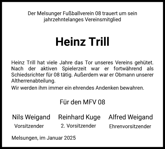 Todesanzeige von Heinz Trill von HNA