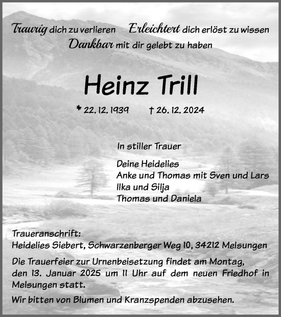Todesanzeige von Heinz Trill von HNA