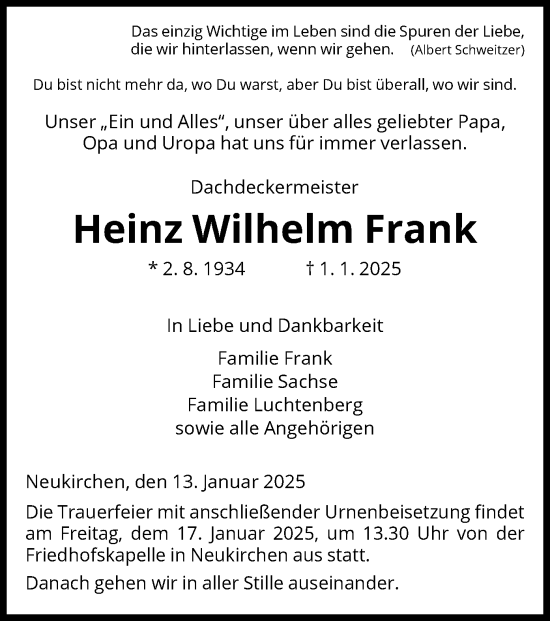 Todesanzeige von Heinz Wilhelm Frank von HNA