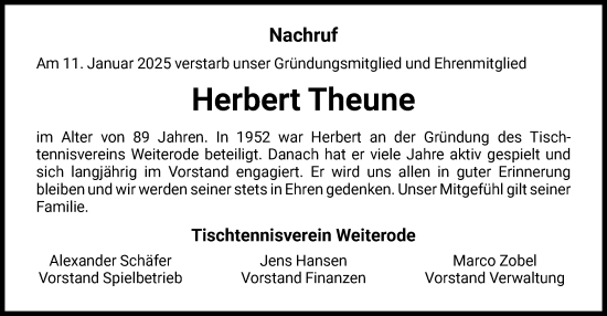 Todesanzeige von Herbert Theune von HNA