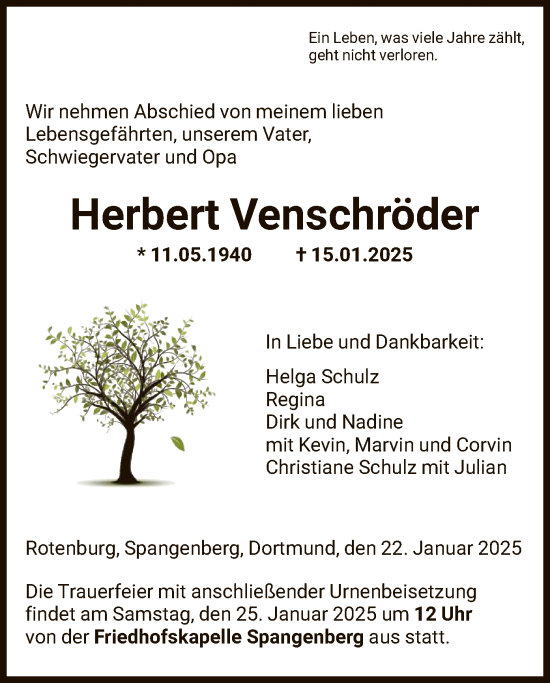 Todesanzeige von Herbert Venschröder von HNAHNA