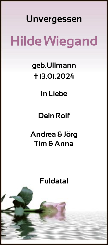 Todesanzeige von Hilde Wiegand von HNA