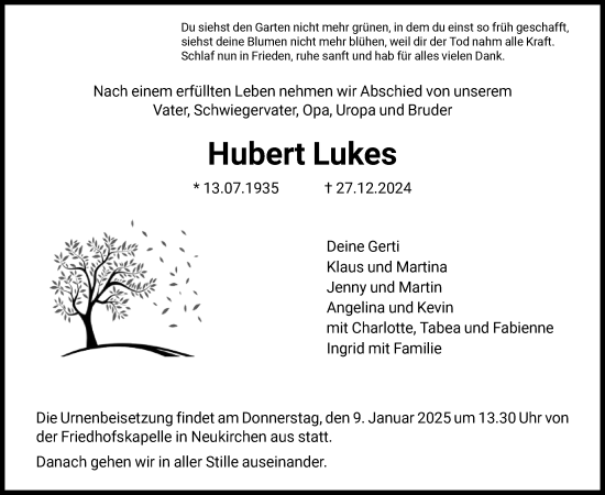 Todesanzeige von Hubert Lukes von HNA
