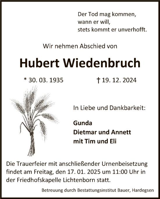 Todesanzeige von Hubert Wiedenbruch von HNA