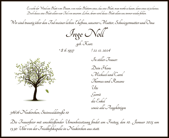 Todesanzeige von Inge Noll von HNA