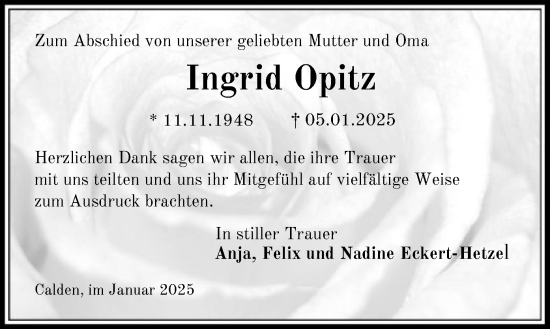 Todesanzeige von Ingrid Opitz von HNAHNA