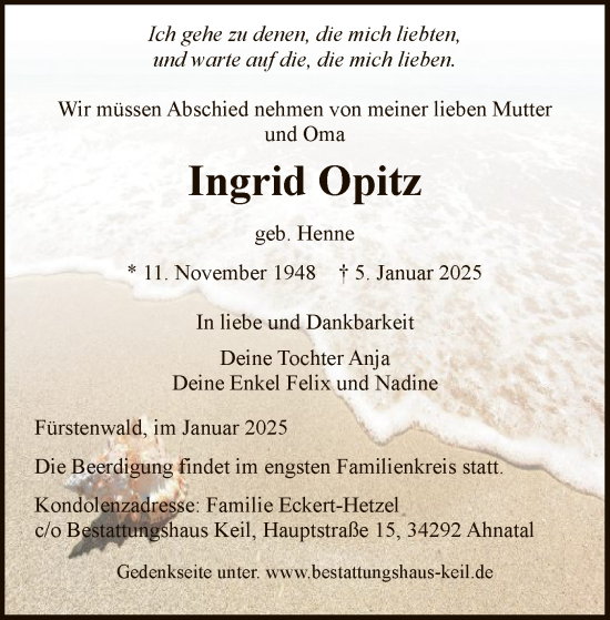 Todesanzeige von Ingrid Opitz von HNAHNA
