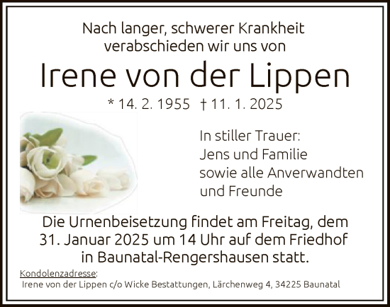 Todesanzeige von Irene von der Lippen von HNA