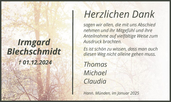 Todesanzeige von Irmgard Blechschmidt von HNA