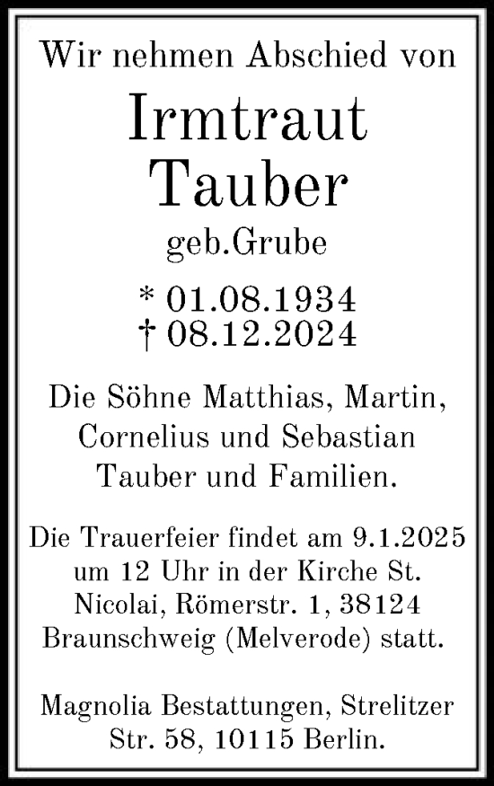 Todesanzeige von Irmtraut Tauber von HNA