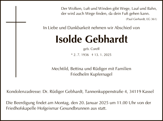 Todesanzeige von Isolde Gebhardt von HNA