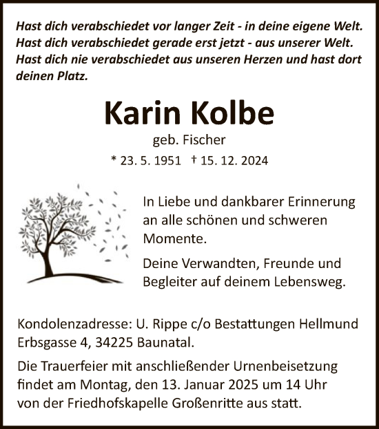 Todesanzeige von Karin Kolbe von HNA