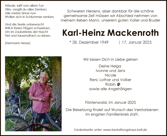 Todesanzeige von Karl-Heinz Mackenroth von HNAHNA