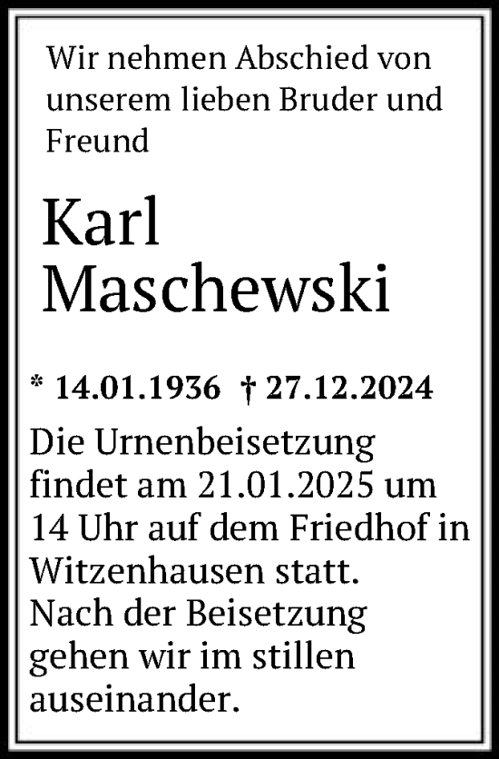 Todesanzeige von Karl Maschewski von HNA