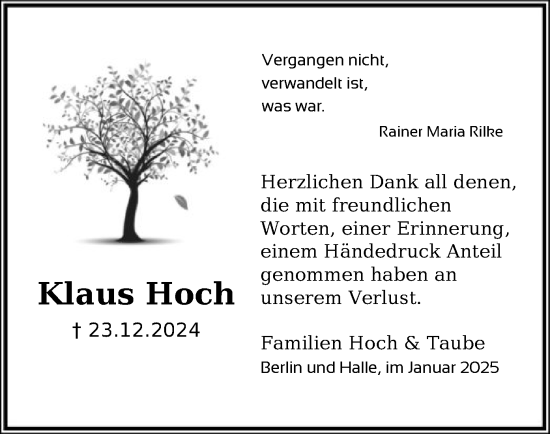 Todesanzeige von Klaus Hoch von HNA