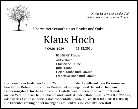 Todesanzeige von Klaus Hoch von HNA