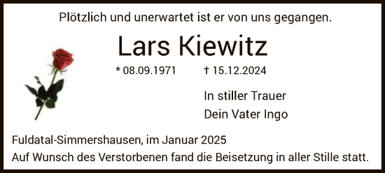 Todesanzeige von Lars Kiewitz von HNA