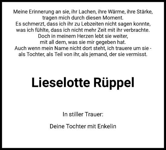 Todesanzeige von Lieselotte Rüppel von HNA