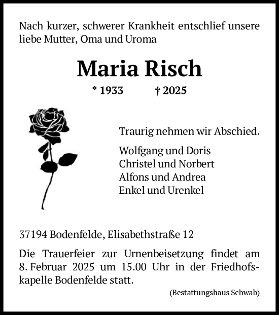 Todesanzeige von Maria Risch von HNA