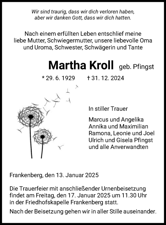 Todesanzeige von Martha Kroll von HNA