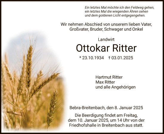 Todesanzeige von Ottokar Ritter von HNA