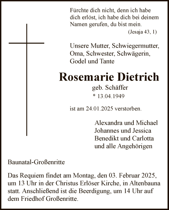 Todesanzeige von Rosemarie Dietrich von HNA