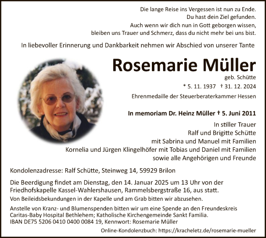 Todesanzeige von Rosemarie Müller von HNA