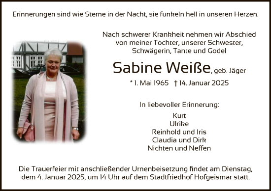 Todesanzeige von Sabine Weiß von HNA