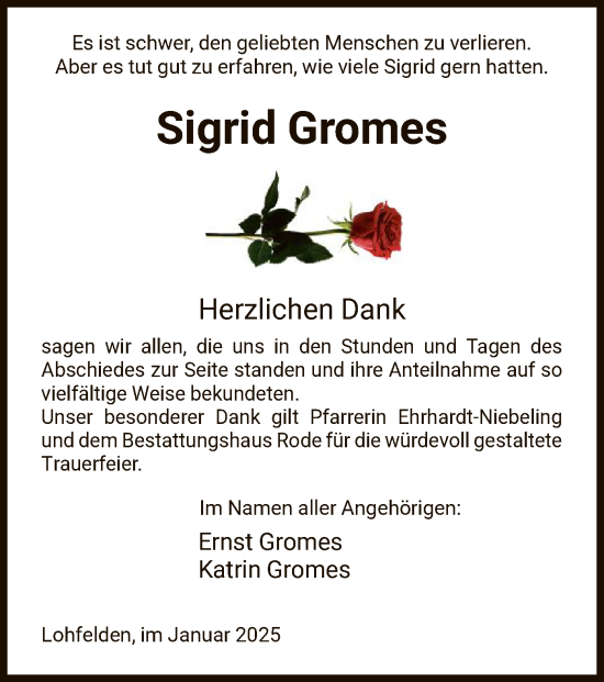 Todesanzeige von Sigrid Gromes von HNA