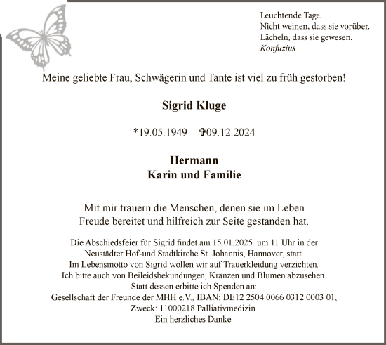 Todesanzeige von Sigrid Kluge von HNA