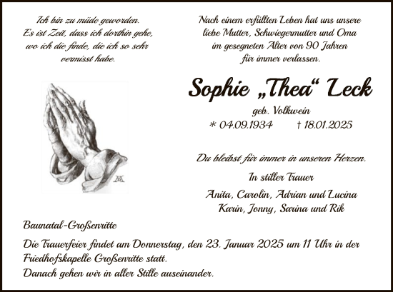 Todesanzeige von Sophie Leck von HNA