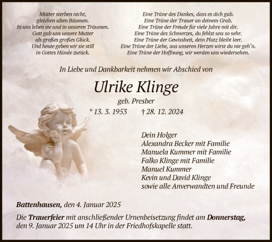 Todesanzeige von Ulrike Klinge von HNA