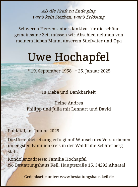 Todesanzeige von Uwe Hochapfel von HNA