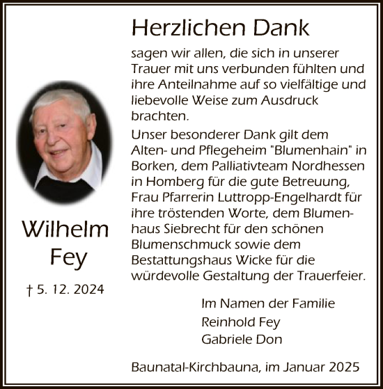 Todesanzeige von Wilhelm Fey von HNA