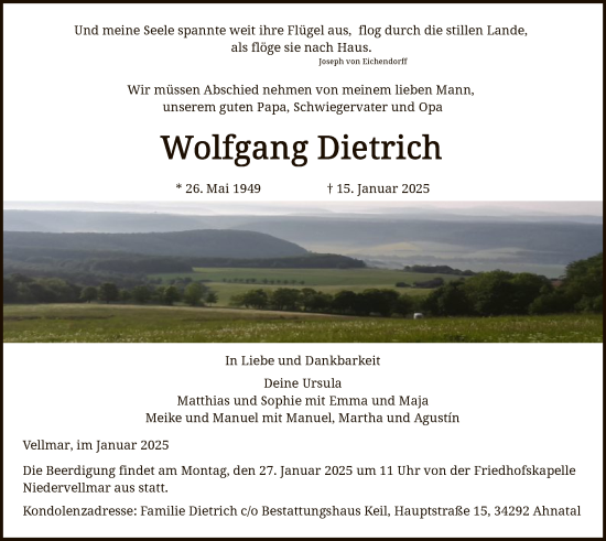 Todesanzeige von Wolfgang Dietrich von HNA