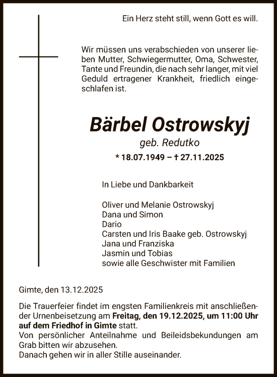 Todesanzeige von Bärbel Ostrowskyj von HNA